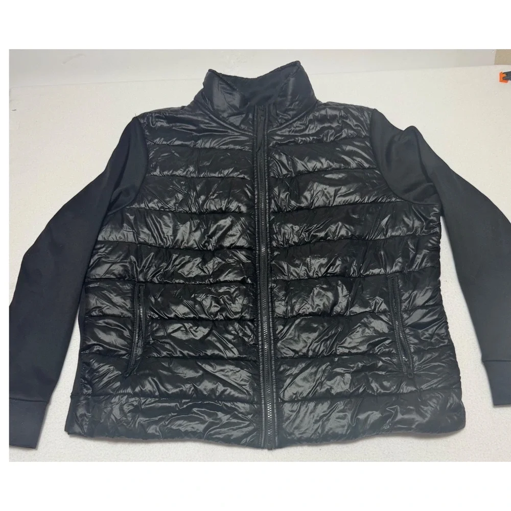 Avia Women XL 16-18 Black Mixed Media Quilted Puffer Hybrid Full Zip Jacket Coat
